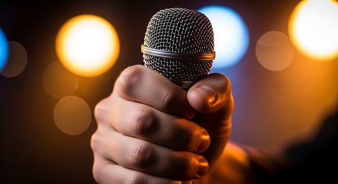 Hand holding a microphone on stage with colorful light bokeh background