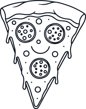 Happy slice of pizza with pepperoni and cheese on transparent background.