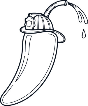 Chili pepper wearing fire fighter helmet with water spray on transparent background.