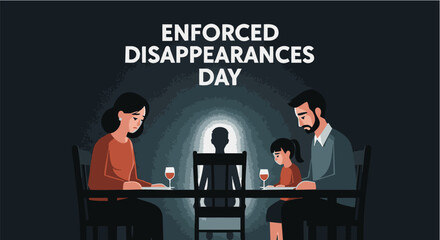 Family sitting at table with missing person in dark room for Enforced Disappearances Day in somber mood with dim lighting in flat illustration style for awareness campaign © Any