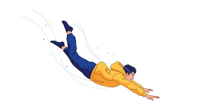 Person in a yellow hoodie and blue pants falls or skydives through a white void with abstract motion lines trailing behind them.