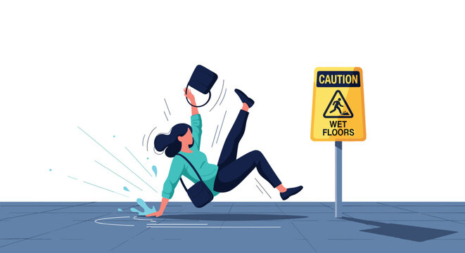 Woman slips on a wet floor and drops her bag while walking past a yellow caution sign warning of dangerous slippery conditions.
