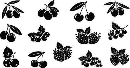 Black and white illustration of various berry fruits with leaves © Nor Creative 2.0
