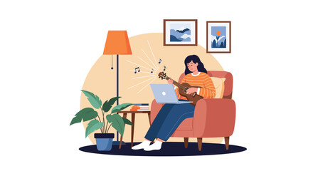Fototapeta premium Young girl sits comfortably in an armchair while learning to play the ukulele using an online tutorial on her laptop at home.