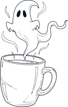 Ghost emerging from hot coffee cup with steam swirling.