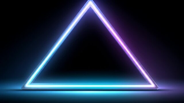Glowing neon triangle on a dark, reflective surface, radiating vibrant colors