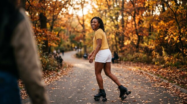 Cheerful young African American woman roller skating on park path in autumn.