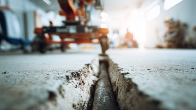 Close-up of underground trenchless pipe repair in concrete floor showing exposed pipe and construction equipment, symbolizing sewer rehabilitation and no-dig pipe restoration.