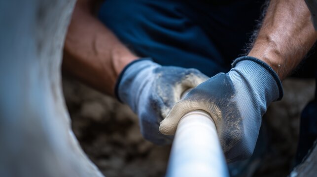 Worker installing trenchless pipe liner for underground sewer repair, gloved hands guiding pipe inside existing pipe - trenchless sewer rehabilitation concept.