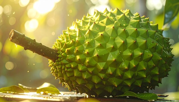 Close-up of a ripe durian fruit with spiky green rind bathed in golden sunlight, showcasing its unique texture