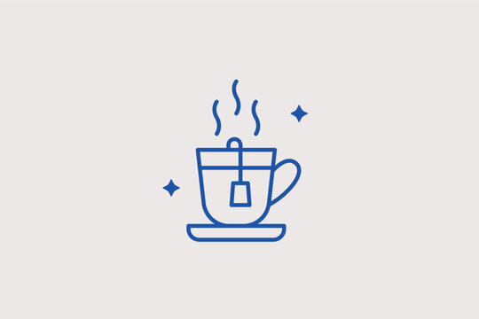 Hot tea cup with bag line icon for herbal beverage menus and cozy tea room settings. Soothing vector illustration for wellness blog headers and organic tea product packaging.