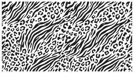 Black and white animal print pattern with zebra and leopard textures on a white background © Sanoor