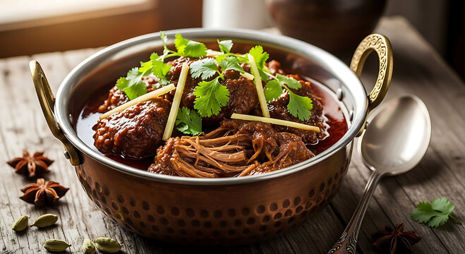 traditional nihari beef stew in copper pot with fresh herbs and spices