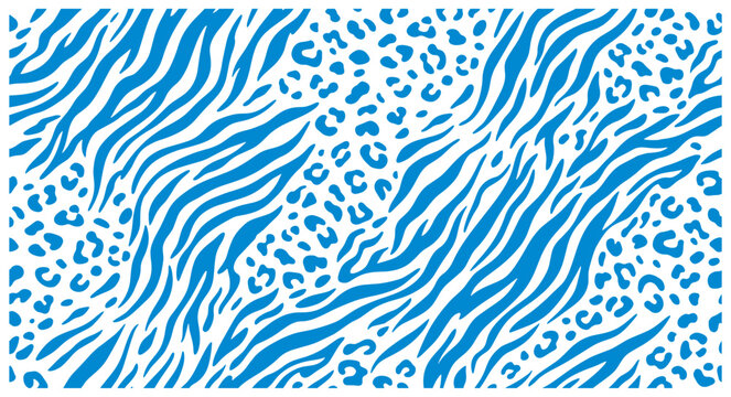 Blue zebra and leopard print pattern on white background animal skin texture abstract design