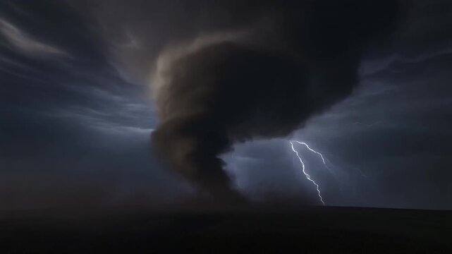 Powerful supercell thunderstorm with rotating funnel and electric lightning in dark ominous atmosphere