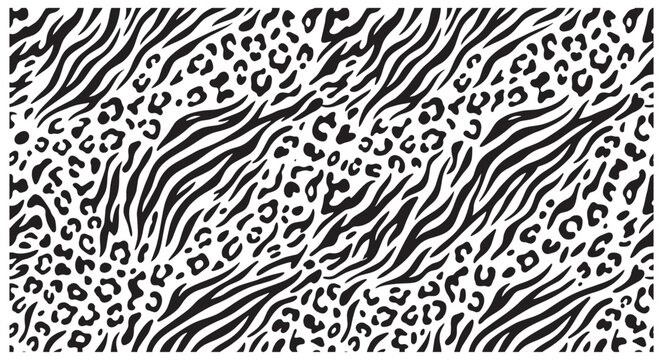 Black and white animal print pattern with zebra and leopard textures on a white background