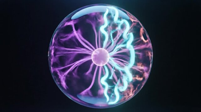 A glowing sphere with colorful energy patterns and a central core, set against a dark background, creating a visually striking display
