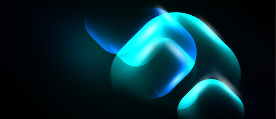 Naklejka premium Abstract shapes, glowing blue hues, dark background. Soft light creates fluid forms, modern design elements present.