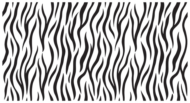 Black and white zebra print pattern with wavy stripes on a white background for design and decoration