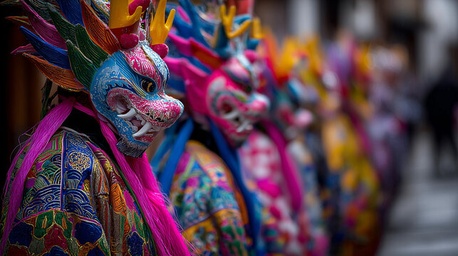 Vibrant Dragon Dance Festival performers parade through crowded street with ornate costumes and masks