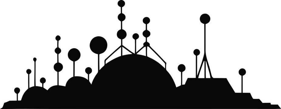 Alien base silhouette with domes and communication towers in futuristic vector style