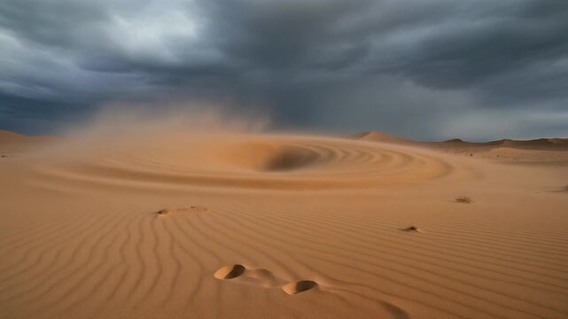 Dramatic desert landscape with a swirling dust devil and dark storm clouds over golden sand dunes