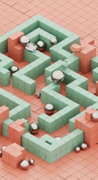3D maze illustration, isometric labyrinth, pastel colored blocks, puzzle game design