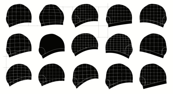 Collection of black helmet shapes with wireframe grid on white background 3d rendering