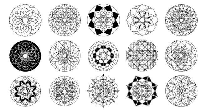 Set of intricate black and white mandala designs on white background geometric patterns for art and craft projects