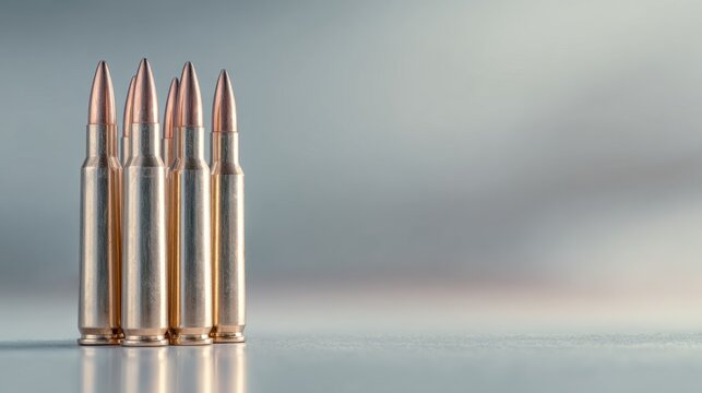 Row of four metallic rifle cartridges standing upright on a smooth reflective surface with a soft blurred background and ample empty space on the right side