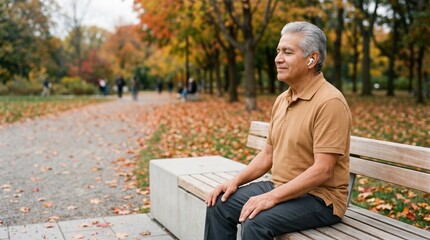 Fototapeta premium Senior man sitting on a park bench meditating with earbuds during autumn.