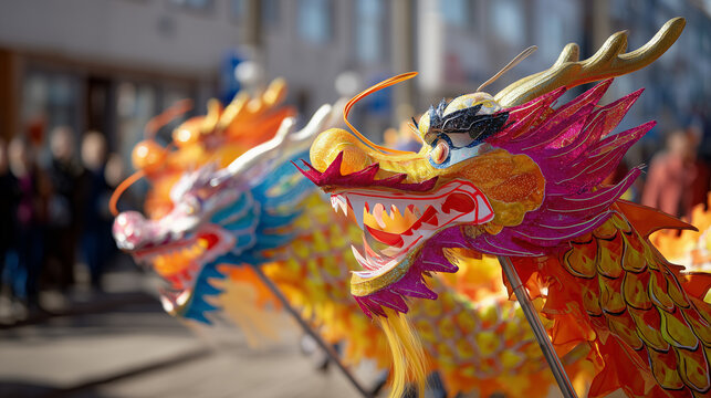 Dragon Dance Festival performers showcase colorful dragon heads in a lively street performance