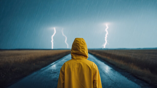 Person wearing a yellow raincoat standing on a wet road during a heavy thunderstorm with multiple lightning strikes in the distance across a dark field under a cloud