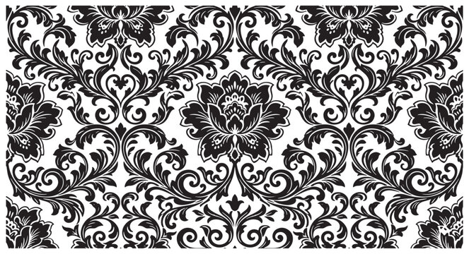 Elegant black floral damask pattern on white background for design and decoration