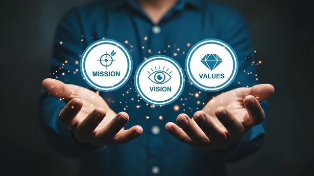 Hands holding glowing circles with Mission Vision Values representing business strategy and core principles