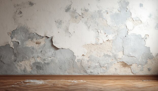 Peeling paint and water damage on an interior wall with wooden floor