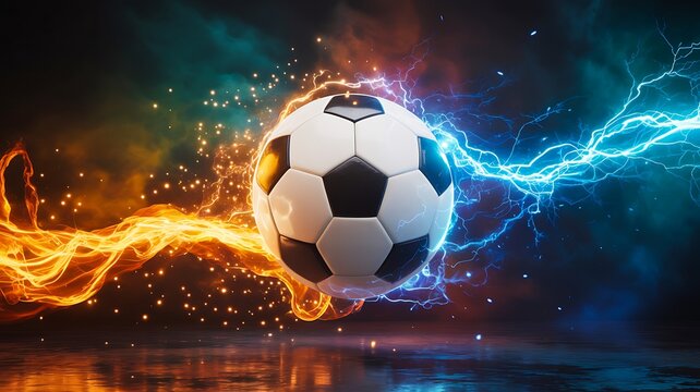 Soccer ball with fire and lightning energy on dark dramatic background
