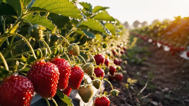 Ripe red strawberries with dew in a sunny farm field