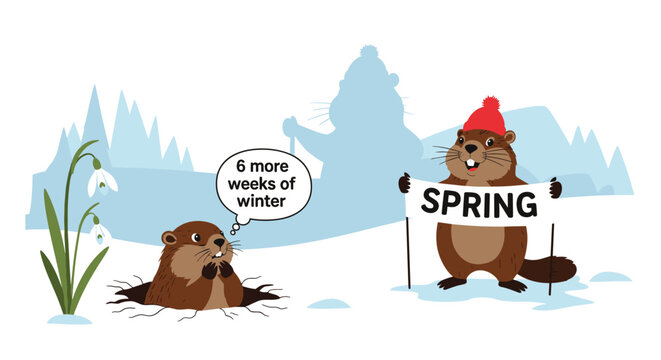 Cute groundhog predicts more winter weather while another groundhog celebrates the arrival of spring in a snowy field with blooming flowers.
