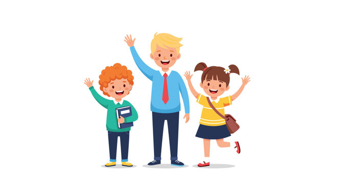 Group of three happy school children waving their hands and holding a book while standing together on a plain white background for education.