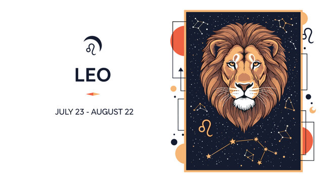 Detailed illustration of the leo zodiac sign featuring a majestic lion head surrounded by celestial stars and astrological constellation patterns.