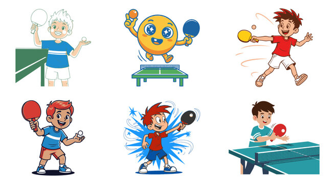 Cartoon kids and smiley face playing table tennis and ping pong set