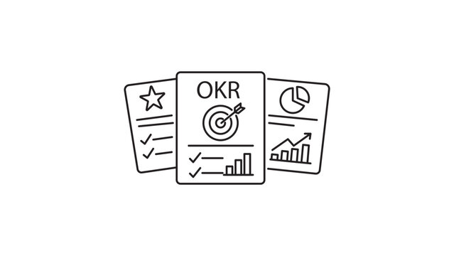 OKR Objectives and Key Results Vector Icon Illustration with Editable Stroke. Minimalist black line art showing three cards with target, charts, and checkmarks for business goal setting and growth.