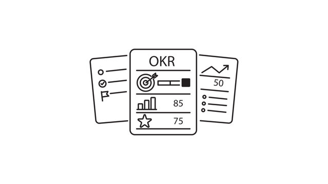 OKR Objectives and Key Results Management Dashboard Vector Icon Illustration with Editable Stroke. Minimalist Black Line Art Representing Business Performance Tracking and Goal Setting Cards.
