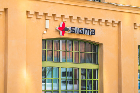 V?ster?s, Sweden - April 18 2026: Sigma company logo mounted on historic building facade blending modern branding with classic architecture.