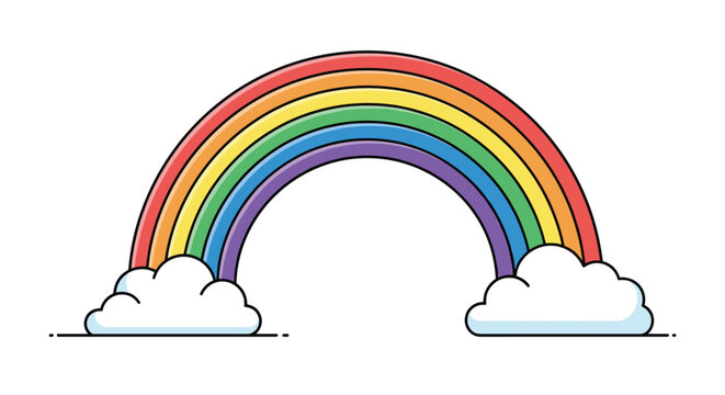 Vibrant seven-colored rainbow forms a perfect arch in the sky between two fluffy white clouds on a clean white background for nature design.