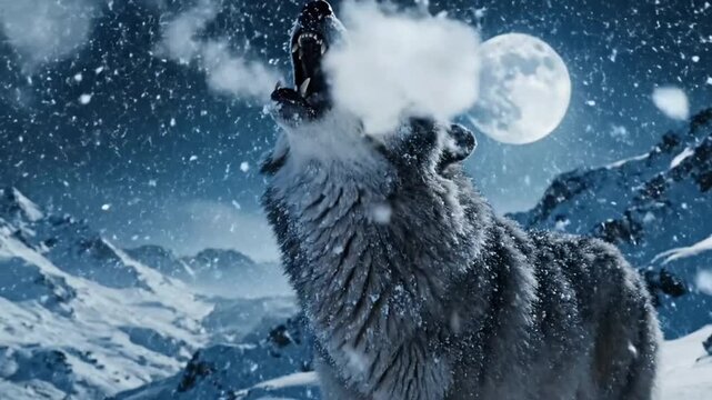Howling grey wolf during winter night under the moon in snowy mountains