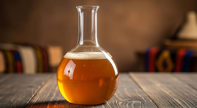 amber beer in glass flask on wooden table with warm sunlight glow