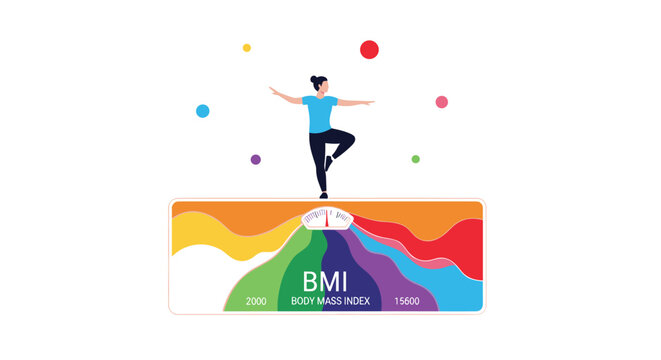 Healthy young woman balances on a beam above a colorful body mass index chart to illustrate the concept of fitness and weight management.