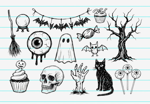 Spooky Halloween Doodle element Set